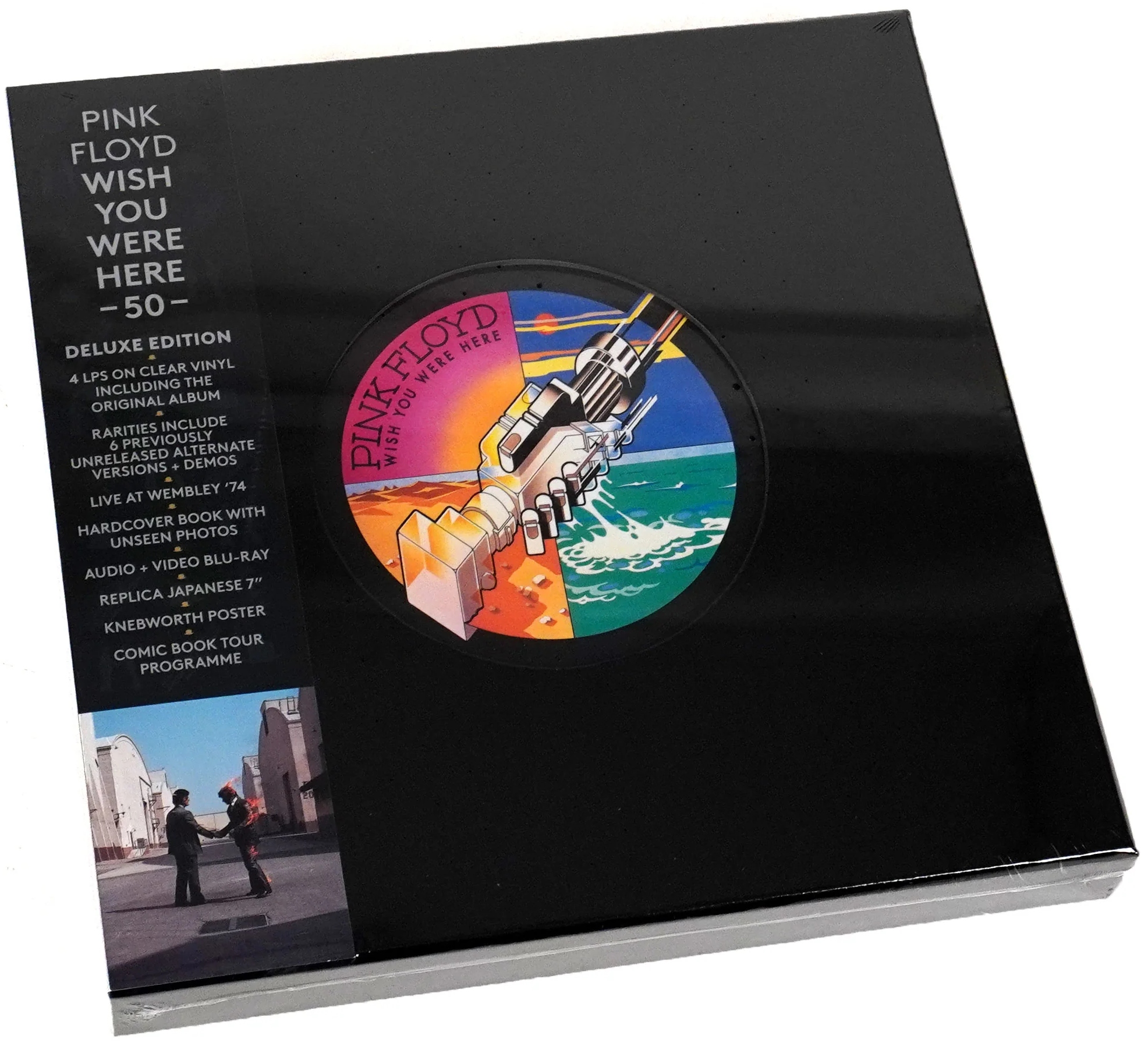 Pink Floyd – Wish You Were Here -50-  (50th Anniversary Deluxe Boxset Incluye: 4 Discos Translúcidos + 2 CD's + Blu-Ray Audio + Single 7" + Booklet + Poster +Comic + Replica de Entradas y Pases Backstage)